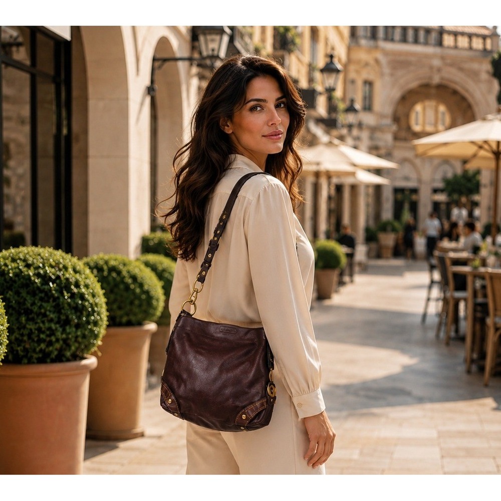 Coach 10615 Carly Hobo Bag Dark Brown Leather Brass Hardware Burgundy Interior